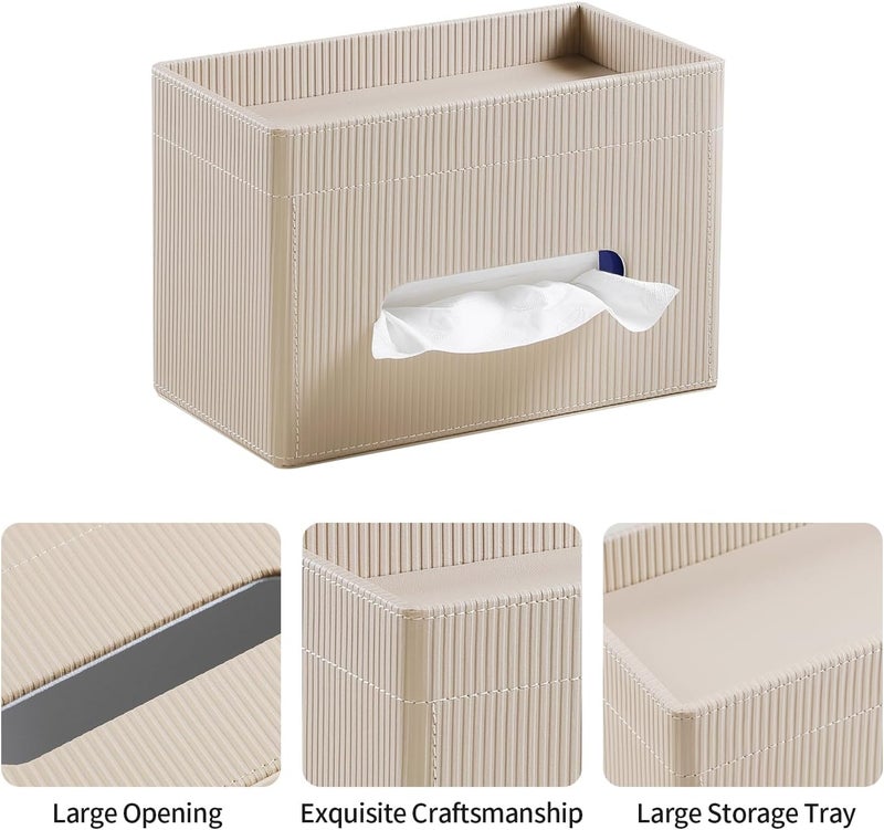 Cretkhp Tissue Box Cover Rectangle with Storage Tray, PU Leather Tissue Holder for Bathroom Vanity Countertop Night Stands Bedroom Office Desk, Stylish Rectangular Tissue Box Holder (Beige) - Image 4